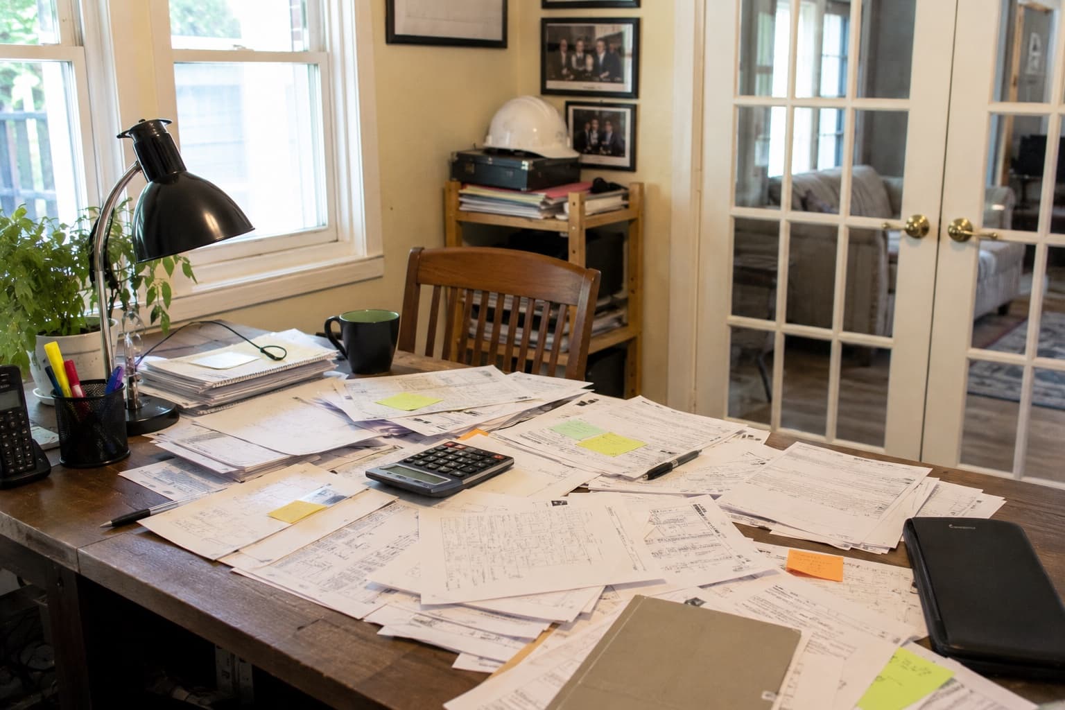 Bureau d'un entrepreneur en construction enseveli sous la paperasse : factures, soumissions et calculatrice