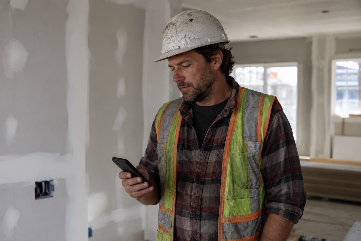 Entrepreneur en construction qui consulte son téléphone sur un chantier résidentiel au Québec