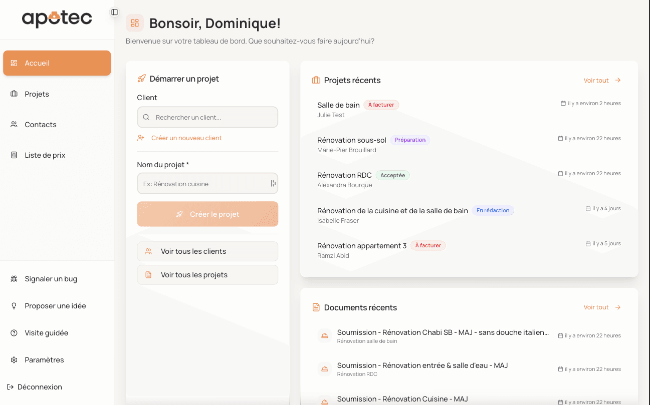 Tableau de bord Apotec avec indicateurs de rentabilité et suivi des projets
