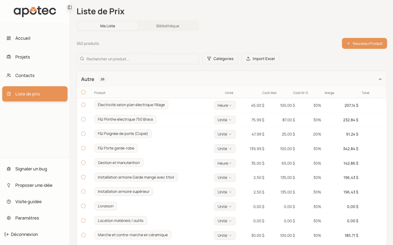 Liste de prix Apotec avec catalogue de produits de construction et marges personnalisées