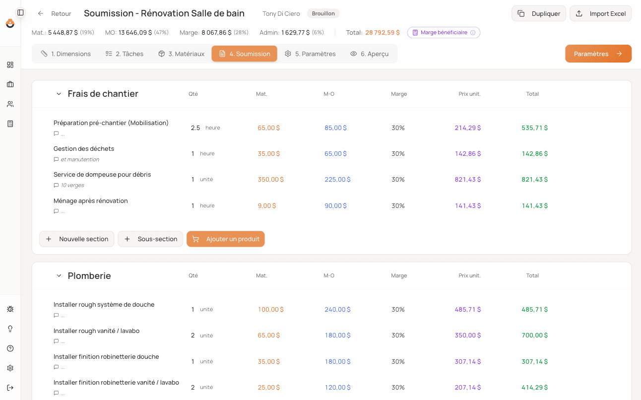 Builder de soumissions Apotec avec sections hiérarchiques et totaux calculés