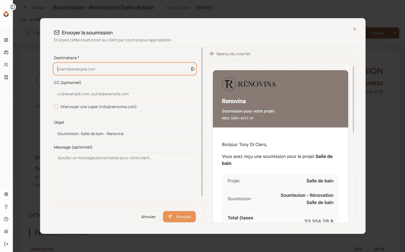 Envoi d'une soumission Apotec par courriel avec lien sécurisé pour le client