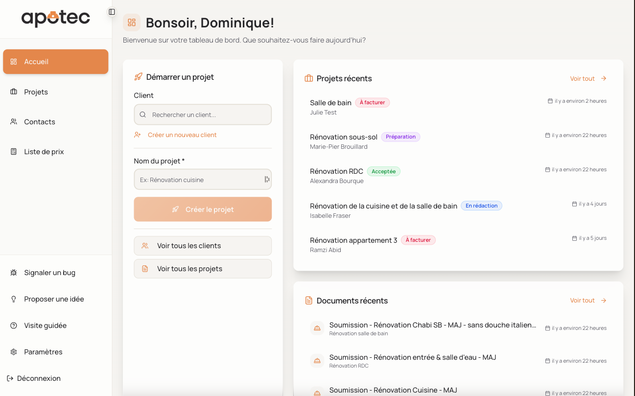 Tableau de bord Apotec avec indicateurs de rentabilité et suivi des projets